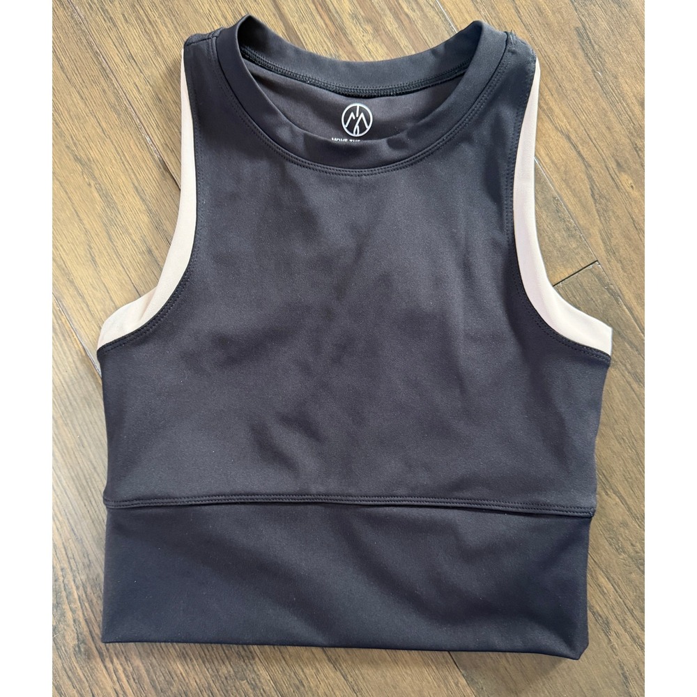 Move Theology Womens XS Black Cream High Neck Racerback Athletic Crop Top Tank‎